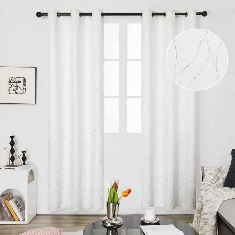 Deconovo Room Darkening Curtains, Pure White Thermal Insulated Grommet Drapes, Silver Wave Dots Foil Print, Privacy Window Drapes, 42" W x 84" L, 2 Panels, for Bedroom Living Room - Image 2